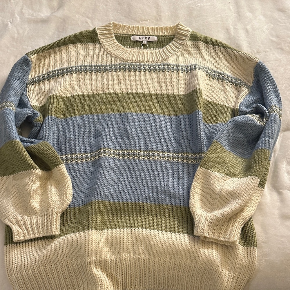 Women's Striped Sweater - Blue, Green, and Cream